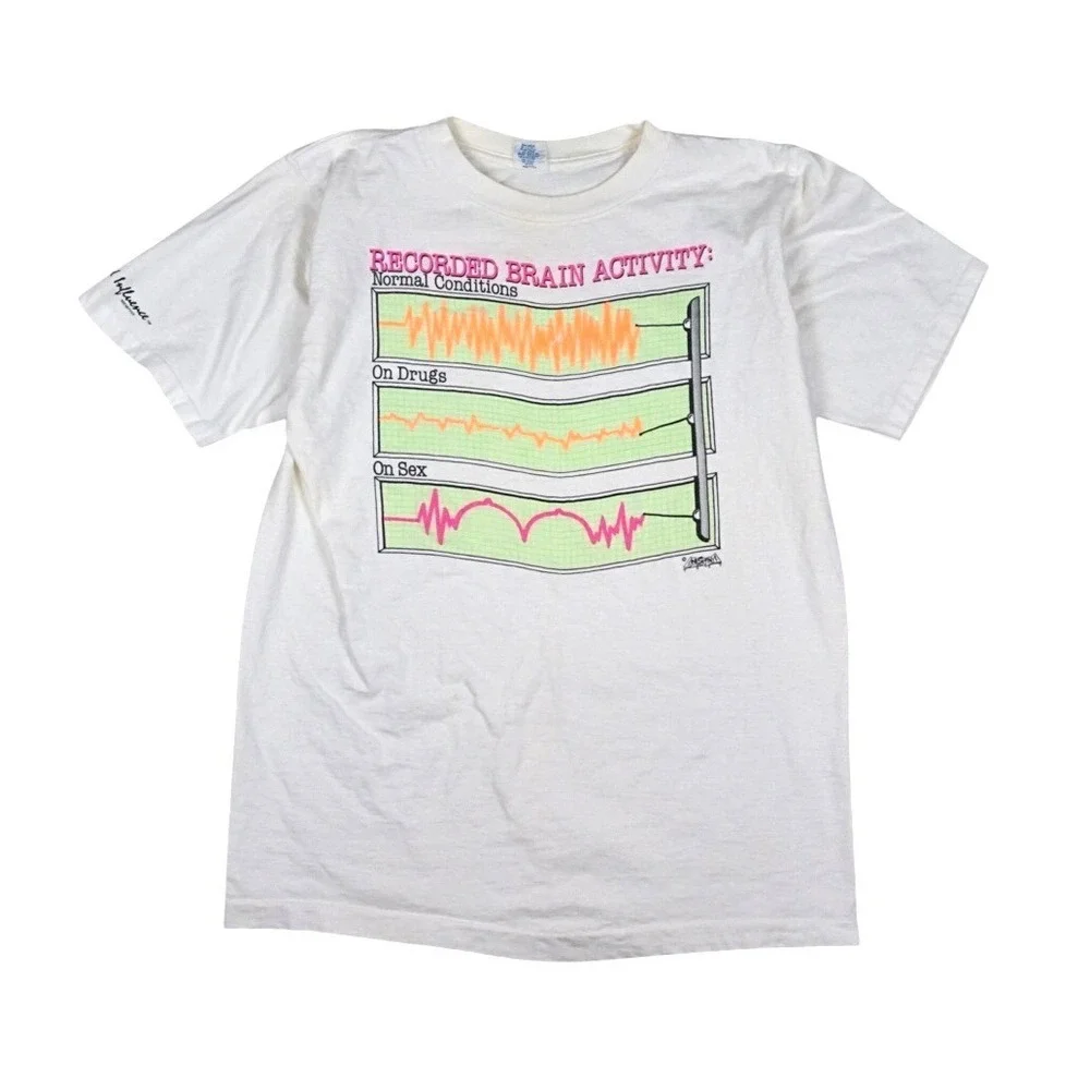 Vtg Insana Tees Brain Activity T-Shirt Men's L‎ White Graphic Tee Bad Influence